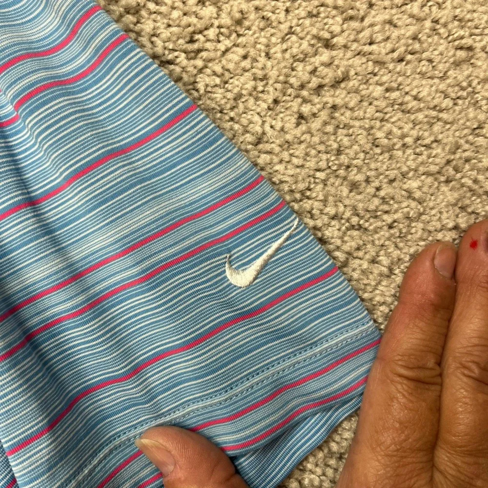 Nike Polo Shirt Men Small Blue Pink Stripe Short Sleeve Stretch Performance Golf